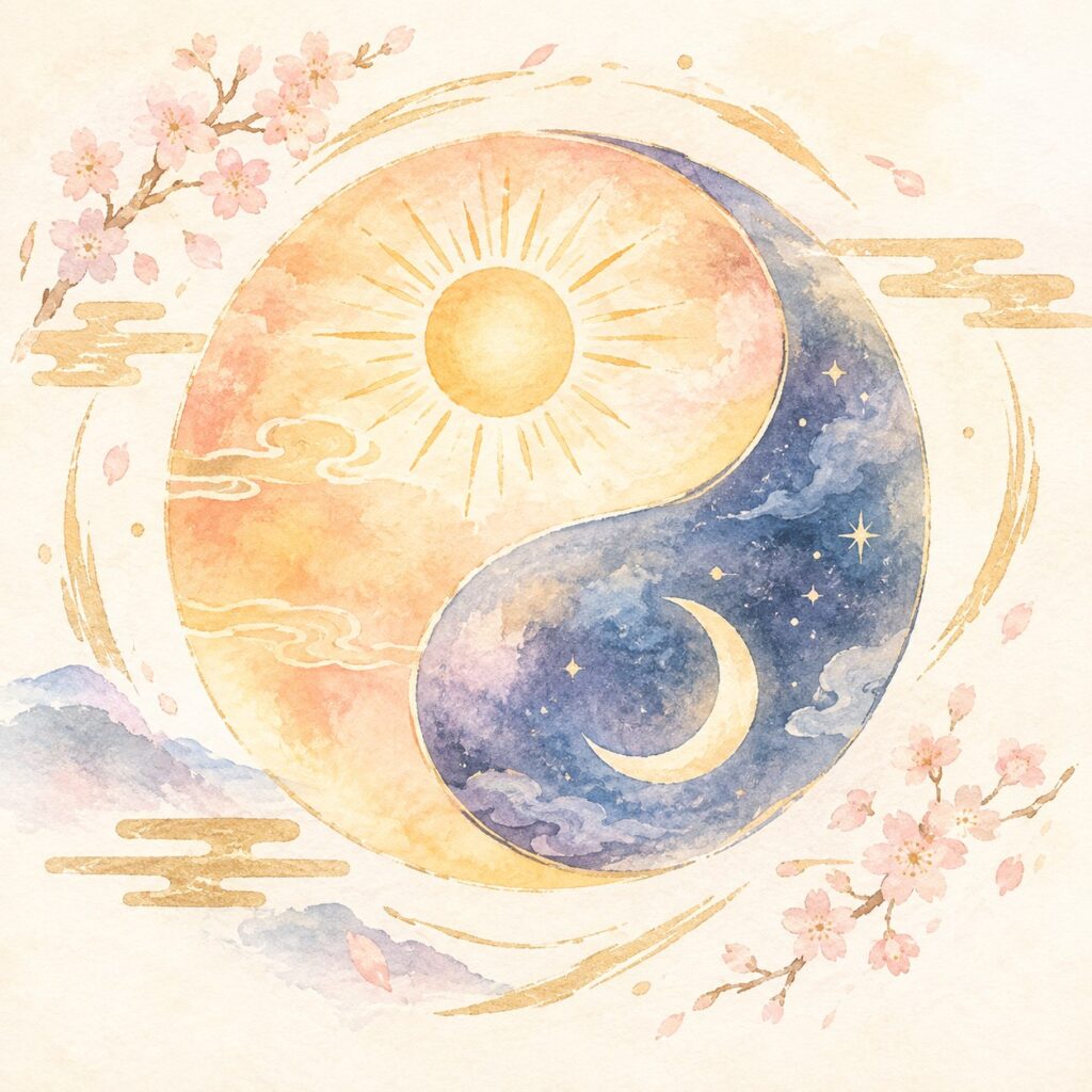 太陽と月で表現された陰陽のイラスト