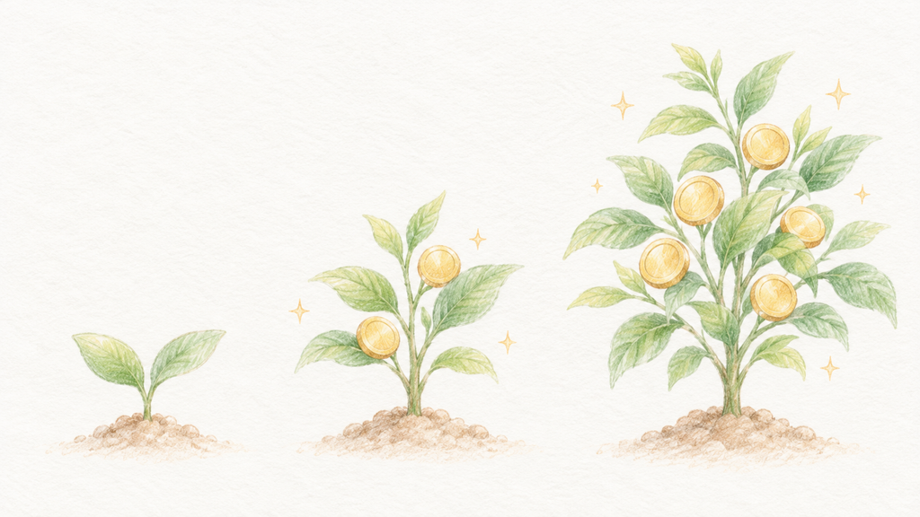 小さな芽が、金色のコインを実らせる木へと育っていく色鉛筆風イラスト