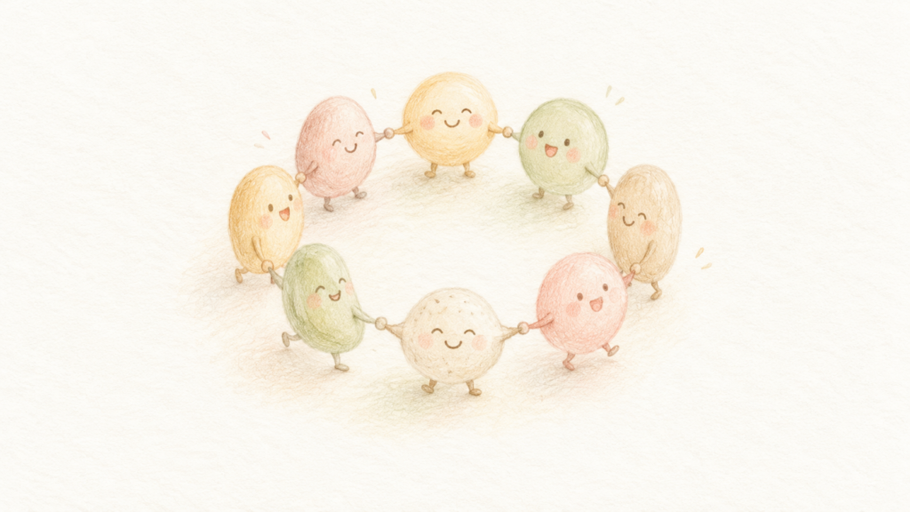 色のちがうミネラルの粒が手をつないでいるイラスト
