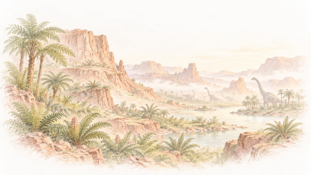 太古の大地と植物、恐竜のシルエットのイラスト