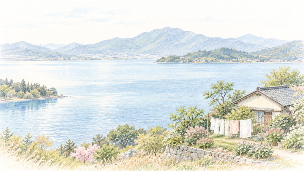 おだやかな湖のほとりで、洗濯ものが風にゆれている色鉛筆風イラスト